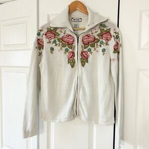 Tiara International Floral Embroidered Zip Sweater Cream Roses Medium 2000s